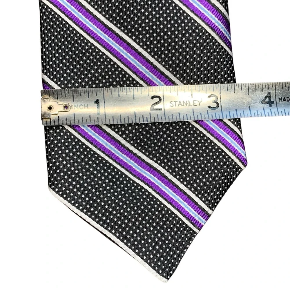 Cremieux 100% silk‎ black white polka dot tie w stripes of purple white blue